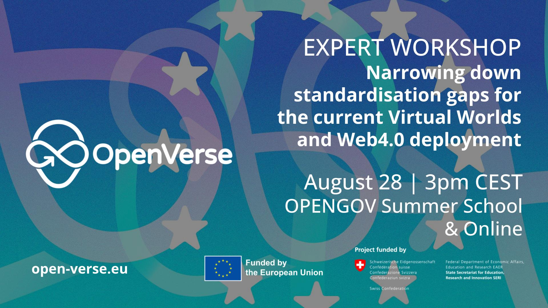 Banner for the OPENVERSE online expert workshop "Narrowing down standardisation gaps for the current Virtual Worlds and Web4.0 deployment"