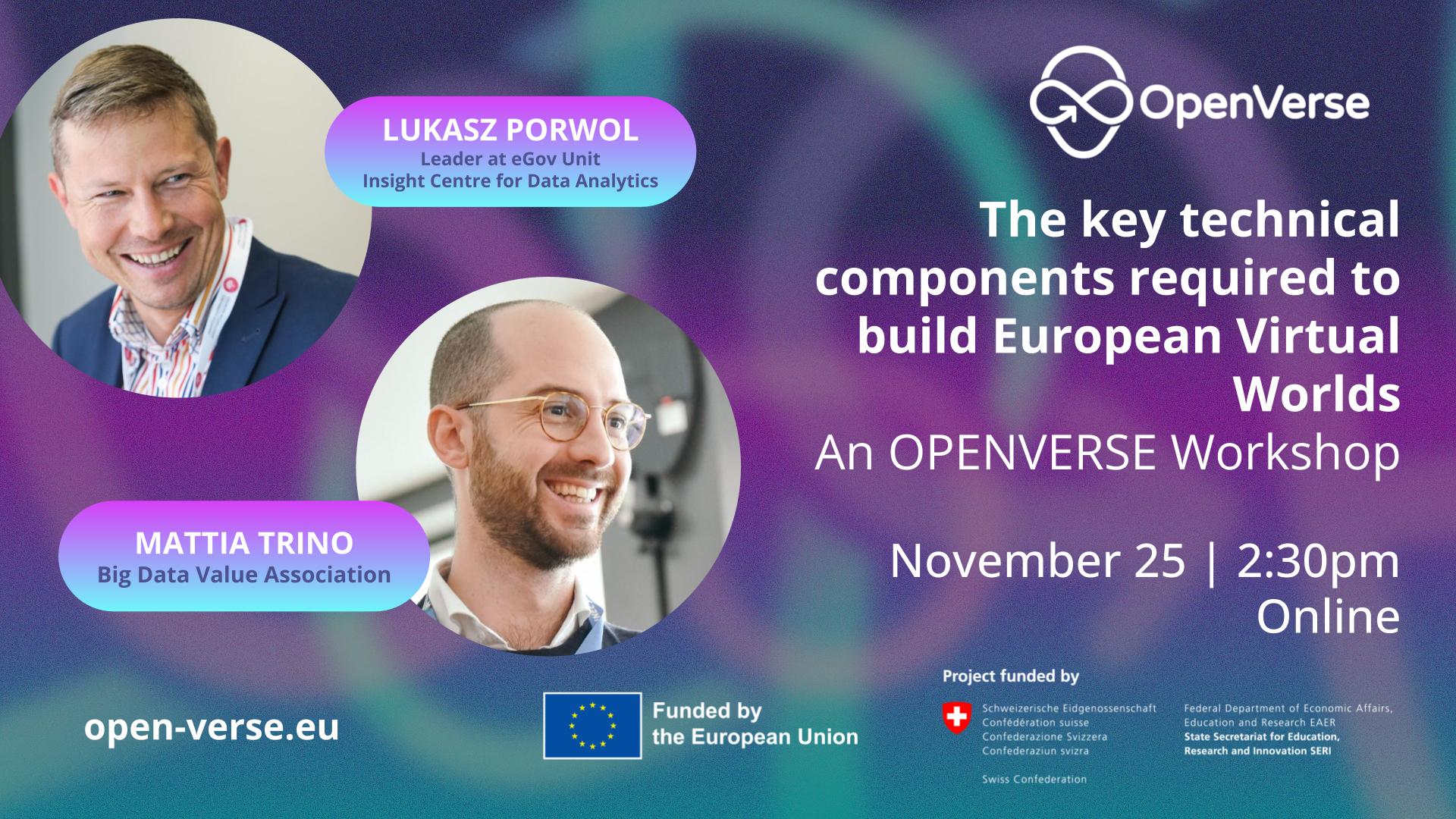 Banner for "The key technical components required to build European Virtual Worlds" - An OPENVERSE Workshop