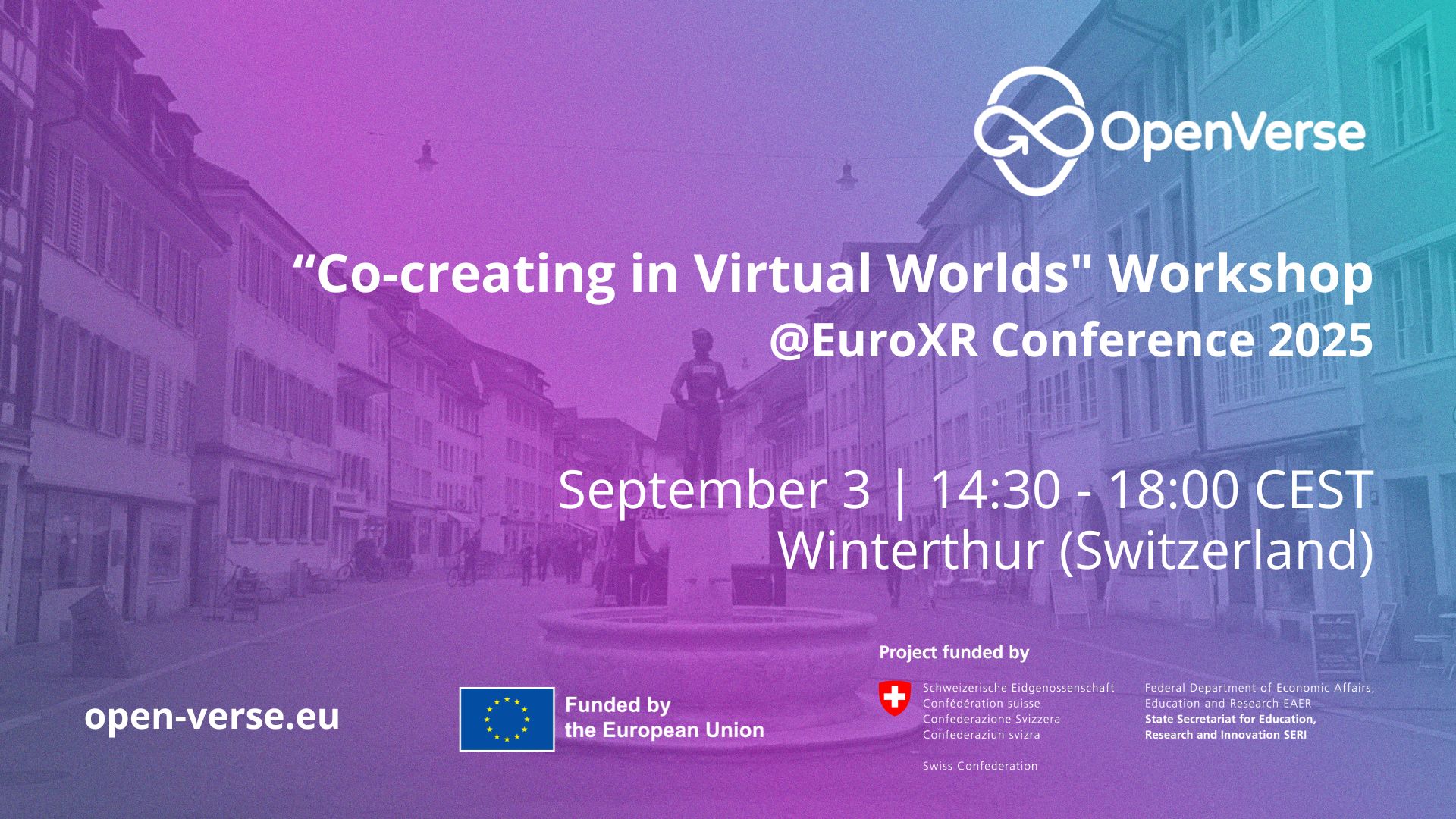 OPENVERSE "Co-creating in Virtual Worlds" workshop at EuroXR Conference 2025 -banner